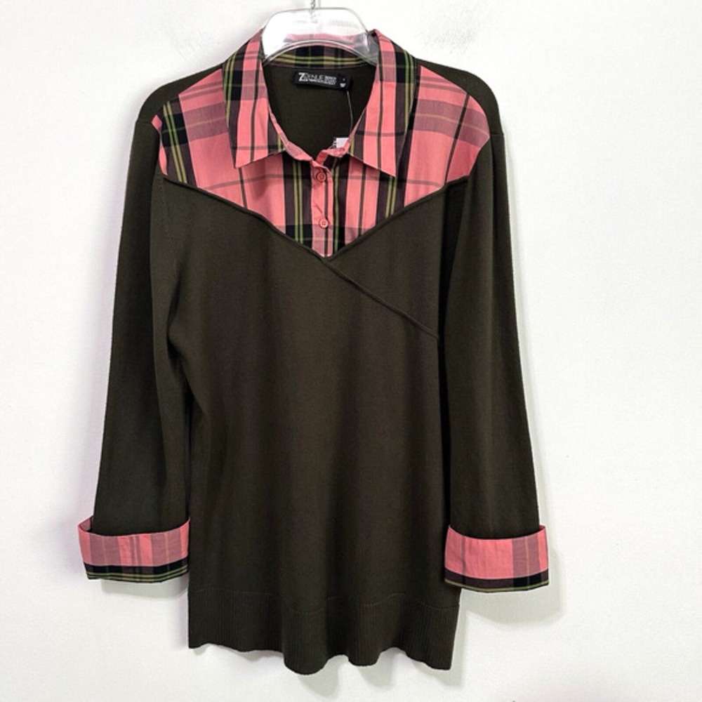 New York & Company Knit Mix Media Shirt L Pink Plaid Popover 3/4 Sleeve NEW